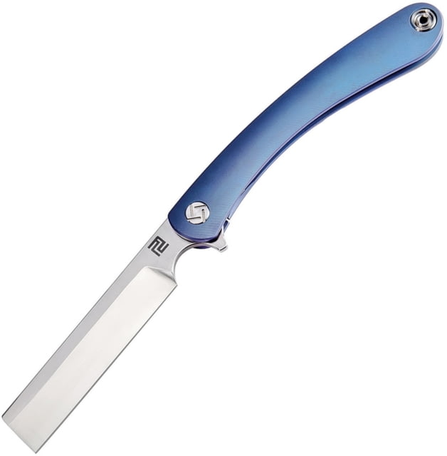 Artisan Cutlery Orthodox Framelock Folding Knife 5.13in Closed 3.75in Satin Bohler M390 SS Blade Blue Titanium Handle Pocket Clip Metal Tin Black