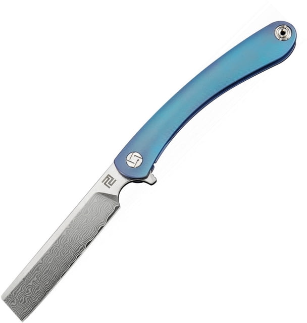 Artisan Cutlery Orthodox Framelock Folding Knife 5in Closed 3.5in Damascus Steel Blade Blue Titanium Handle Pocket Clip Metal Tin Black Nylon Zippered