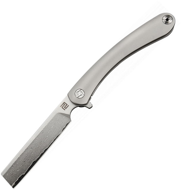Artisan Cutlery Orthodox Framelock Folding Knife 5in Closed 3.5in Damascus Steel Blade Gray Titanium Handle Pocket Clip Metal Tin Black Nylon Zippered
