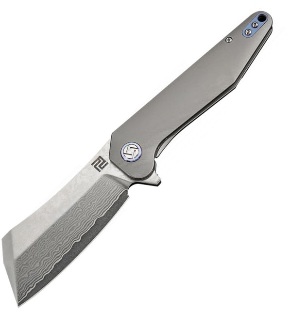 Artisan Cutlery Osprey Framelock Folding Knife 5in Closed 3.75in Damascus Steel Blade Gray Titanium Handle Pocket Clip Metal Tin Black Nylon Zippered - Artisan Cutlery