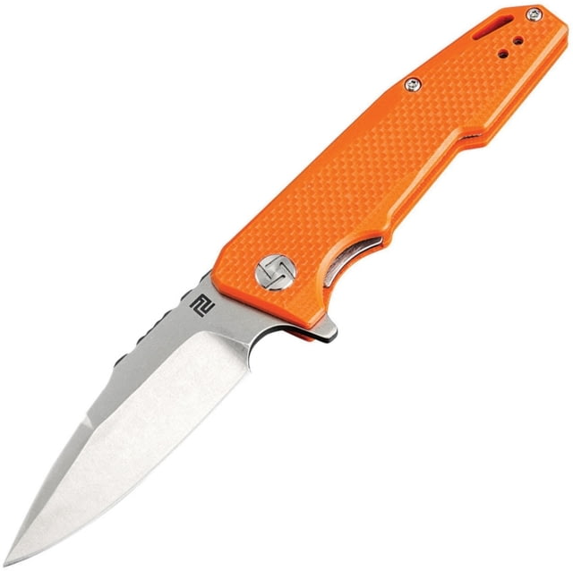 Artisan Cutlery Predator Linerlock Folding Knife 4in Closed 3in Stonewash D2 Tool Steel Blade Orange G10 Handle Pocket Clip
