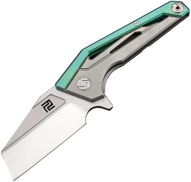 Artisan Cutlery Ravine Framelock Folding Knife 5in Closed 3in Satin Bohler M390 SS Blade Green/ Gray Titanium Handle Pocket Clip Metal Tin Black Nylon