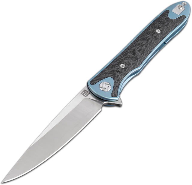 Artisan Cutlery Shark Framelock Folding Knife 5in Closed 4in Stonewash S35Vn SS Blade Blue Anodized Titanium Handle With Carbon Fiber Inlay Pocket - Artisan Cutlery