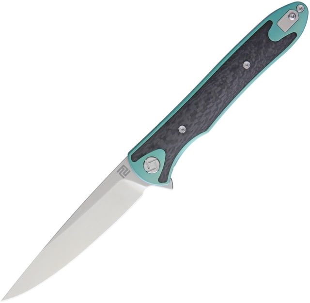 Artisan Cutlery Shark Framelock Folding Knife 5in Closed 4in Stonewash S35Vn SS Blade Green Anodized Titanium Handle With Carbon Fiber Inlay Pocket - Artisan Cutlery