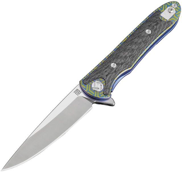 Artisan Cutlery Shark Framelock Folding Knife Shark 5in Closed 4in Stonewash S35Vn SS Blade Blue/Gold Titanium Handle With Carbon Fiber Inlay