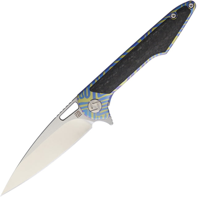Artisan Cutlery Small Archaeo Framelock Folding Knife 03 3" satin finish Bohler M390 stainless blade Blue and gold titanium handle with carbon fiber - Artisan Cutlery