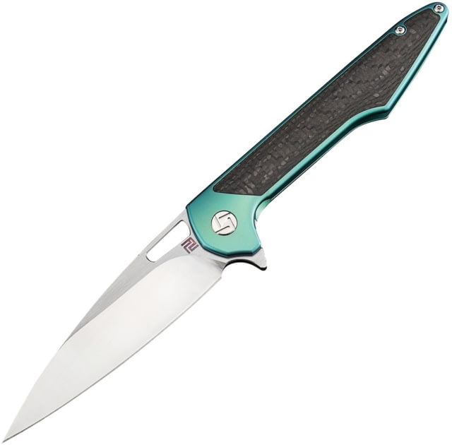 Artisan Cutlery Small Archaeo Framelock Folding Knife 4in Closed 3in Satin Bohler M390 SS Blade Green Titanium Handle With Carbon Fiber Inlay Black