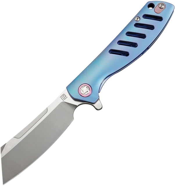 Artisan Cutlery Tomahawk Framelock Folding Knife 4in Closed 3in Satin Bohler M390 SS Blade Blue Titanium Handle Pocket Clip Metal Tin Black Nylon - Artisan Cutlery