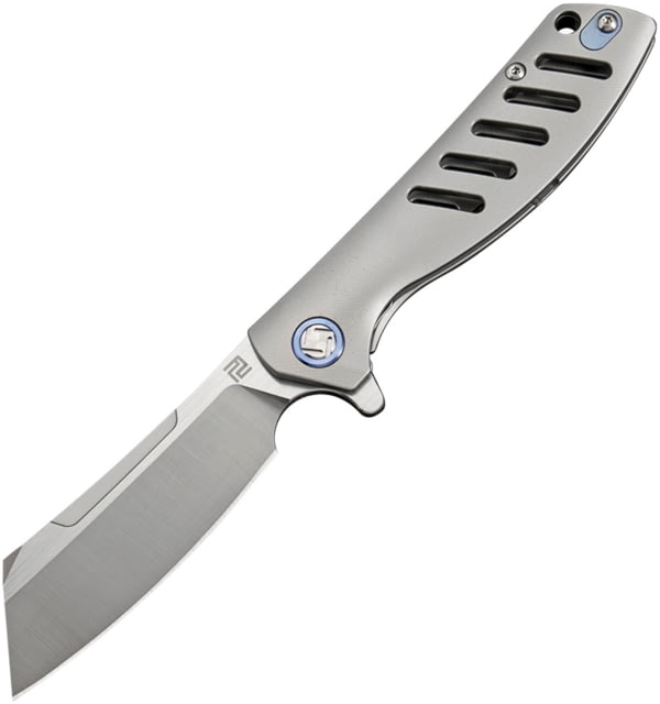 Artisan Cutlery Tomahawk Framelock Folding Knife 4in Closed 3in Satin Bohler M390 SS Blade Gray Titanium Handle Pocket Clip Metal Tin Black Nylon
