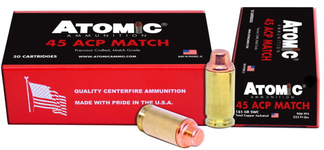 mic Ammunition Match .45 ACP 185 Grain Semi Wadcutter Brass Cased Pistol 50 Rounds Ammo
