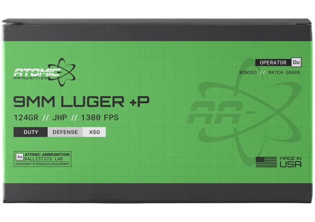 Atomic Ammunition Defense 9mm Luger +P 124grain Jacketed Hollow Point Brass Cased Pistol Ammo 50 Rounds CART-9MM+P-124-DEF