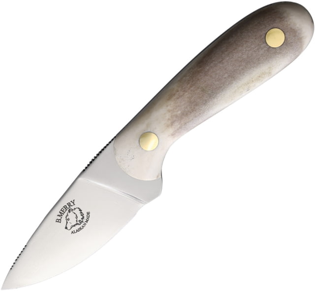 B Merry Caribou Antler Hunter Knife 7in Overall 3in AUS-8 Mirror Blade Caribou Antler Handle Leather Sheath - B Merry