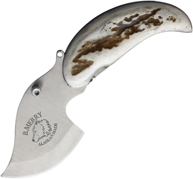 B Merry Caribou Antler Pocket Ulu Knife 2.63in Overall 1.75in 440 SS Satin Blade Caribou Antler Handle - B Merry