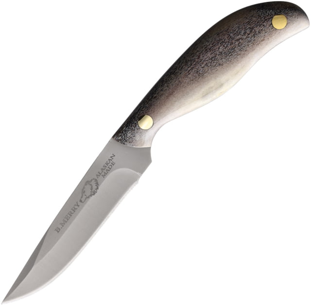 B Merry Caribou Antler Skinner Knife 9in Overall 4.5in Stainless Steel Matte Skinner Blade Caribou Antler Handle Leather Sheath - B Merry
