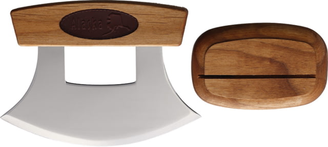 B Merry Birchwood Ulu Knife w/ Leather Inlay 5.75in 440 SS Mirror Blade 5.25in Birch Wood Handle - B Merry