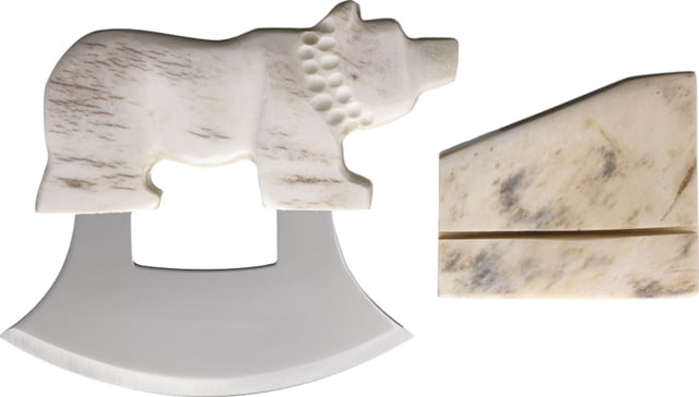 B Merry Moose Antler Walking Bear Ulu Knife 5.75in 440 SS Mirror Blade 5.25in Sun Bleached Moose Antler Bear Shaped Handle - B Merry