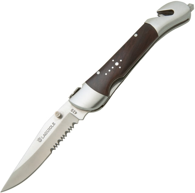 Baladeo Laguiole Security Linerlock Folding Knife 3.75in Satin Partially Serrated 420 SS Clip Point Blade Lead Wood Handle SS Bolster Belt/Cord Cutter - Baladeo