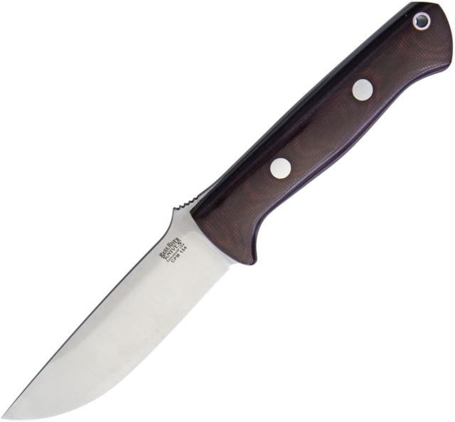 Bark River Bravo 1 Fixed Blade Knife 9in Overall 4.25in Satin Cpm-154 SS Drop Point Burgundy Canvas Micarta Handle Thumb Ramp Brown Leather Belt - Bark River