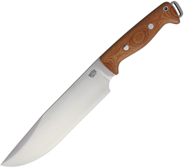 Bark River Bravo Crusader 3V Fixed Blade Knife 14in Overall 8.5in Satin Cpm-3V Carbon Steel Blade Natural Canvas Micarta Handle Brown Leather Belt - Bark River