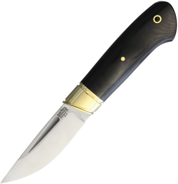 Bark River Brokk Fixed Blade Knife 8in Overall 3.63in Satin A2 Tool Steel Drop Point Black Canvas Micarta Handle Brass Guard Brown Leather Belt Sheath - Bark River