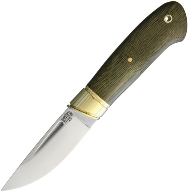 Bark River Brokk Fixed Blade Knife 8in Overall 3.63in Satin A2 Tool Steel Drop Point Green Canvas Micarta Handle Brass Guard Brown Leather Belt Sheath - Bark River
