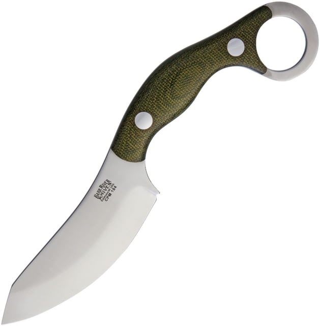 Bark River Bush Bat JX4 CPM154 Fixed Blade Knife 7.75in Overall 3.5in Satin Cpm-154 SS Blade Green Canvas Micarta Handle Finger Ring Brown Leather - Bark River