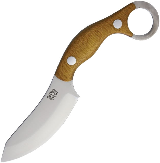 Bark River Bush Bat JX4 CPM154 Fixed Blade Knife 7.75in Overall 3.5in Satin Cpm-154 SS Blade Natural Canvas Micarta Handle Finger Ring Brown Leather - Bark River