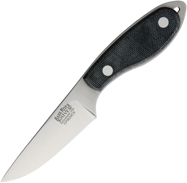 Bark River Caper Necker Micarta Fixed Blade Knife 6in Overall 2.75in Satin Cpm-20Cv SS Blade Black Canvas Micarta Handle Brown Leather Neck Sheath - Bark River