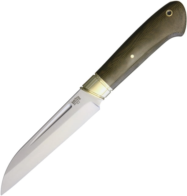 Bark River Hauk Fixed Blade Knife 10.5in Overall 5.5in Satin A2 Tool Steel Wharncliffe Blade Green Canvas Micarta Handle Brass Guard Brown Leather - Bark River