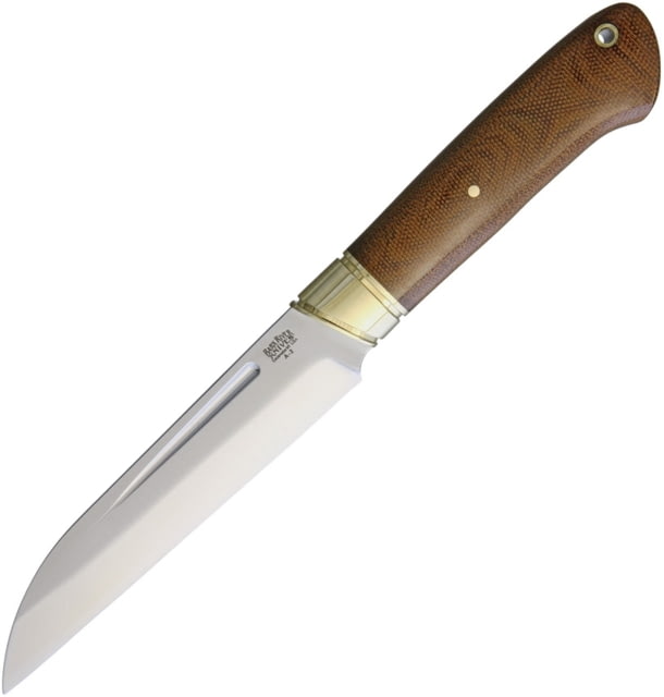 Bark River Hauk Fixed Blade Knife 10.5in Overall 5.5in Satin A2 Tool Steel Wharncliffe Blade Natural Canvas Micarta Handle Brass Guard Brown Leather - Bark River
