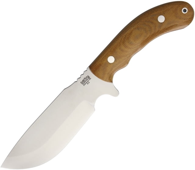 Bark River JBA LT Fixed Blade Knife 11.5in Overall 5.63in Satin A2 Tool Steel Drop Point Natural Canvas Micarta Handle Brown Leather Belt Sheath - Bark River