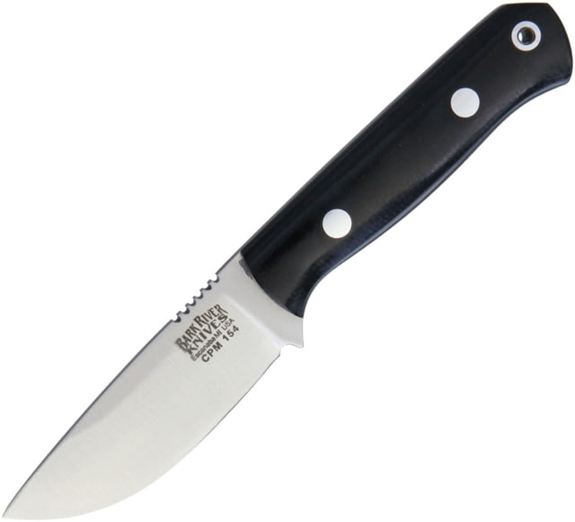 Bark River Micro Bravo CPM154 Fixed Blade Knife 4.88in Overall 2.13in Satin Cpm-154 SS Drop Point Black Canvas Micarta Handle Brown Leather Belt - Bark River