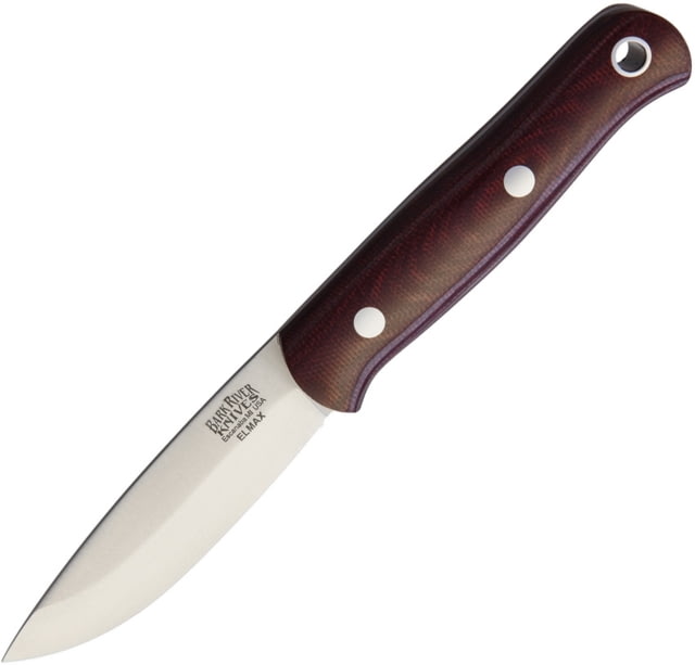 Bark River Ultra Lite Bushcrafter Elmax Fixed Blade Knife 7.25in Overall 3.25in Satin Elmax Steel Blade Burgundy Canvas Micarta Handle Brown Leather - Bark River