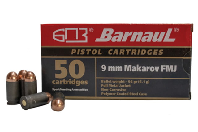 BarnauL Ammunition BRN 9mm Makarov 94 Grain Hollow Point Steel Polycoated Cased Pistol Ammo 50 Rounds HP94 - Barnaul