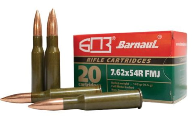 BarnauL Lacquered Steel Case Rifle Ammunition 7.62x54mmR 148 gr FMJ 2641 fps 500/ct Case BRN 762x54R FMJ148C - Barnaul