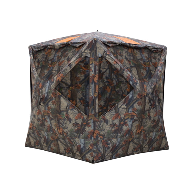 Barronett Blinds Tag Out Hub Hunting Blind with blaze orange safety panels Bloodtrail Woodland 3-Person - Barronett Blinds