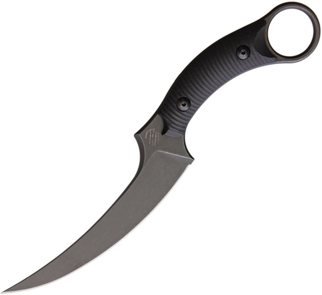 Bastinelli Creations Mako Knife 8.75in Overall 4.75in Black Stonewash N690Co Steel Curved Blade Black Grooved G10 Handle Finger Ring Black Kydex - Bastinelli Creations