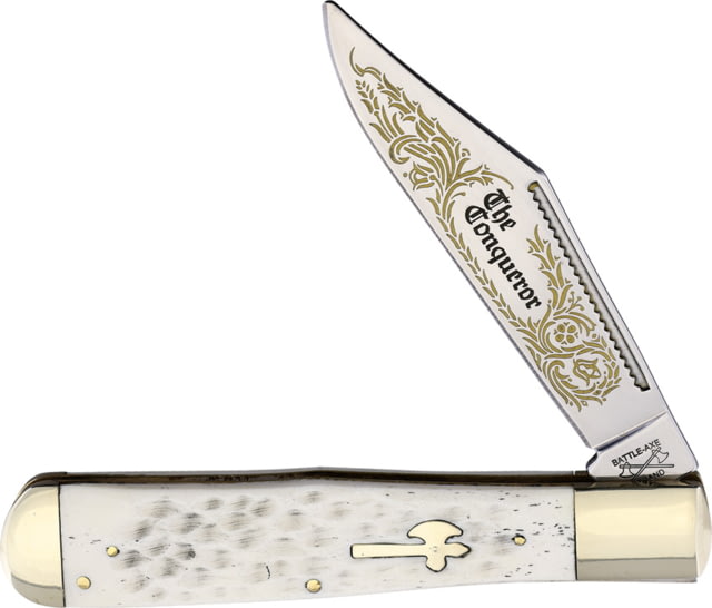 Battle Axe Conqueror Folding Hunter Knife 5.25in Closed Stainless Steel Mirror Clip Blade White Jigged Bone Handle - Battle Axe