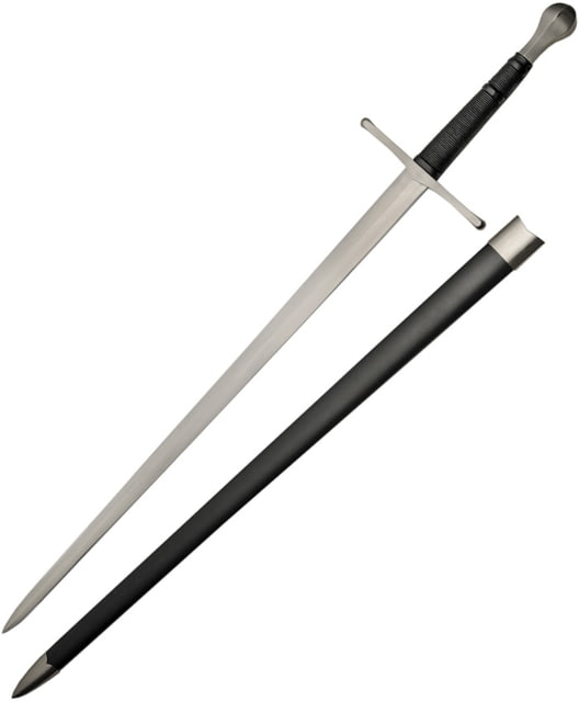 Battle Tested Medieval Sword 47in Overall 36in Satin Double Edge Carbon Steel Blade Black Cord Wrapped Handle SS Guard And Pommel Black Synthetic - Battle Tested