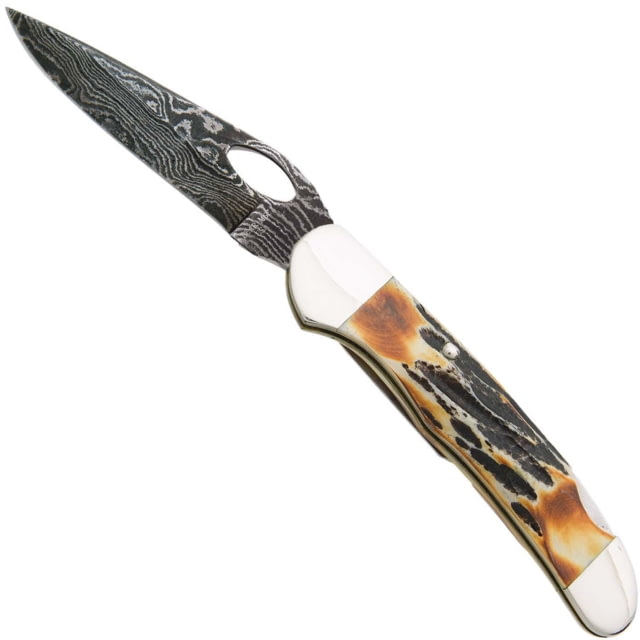 Bear and Son Knives Locking Cowhand Folding Knife 2.88in Damascus Steel Genuine India Stag Bone Handle w/ Pocket Clip - Bear And Son Knives