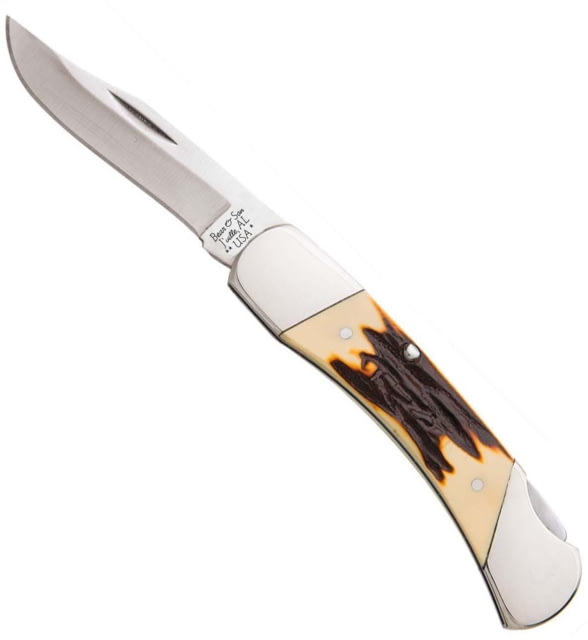 Bear and Son Knives Midsize Lockback Folding Knife 2.75in High Carbon Stainless Steel Clip Point Genuine India Stag Bone Handle