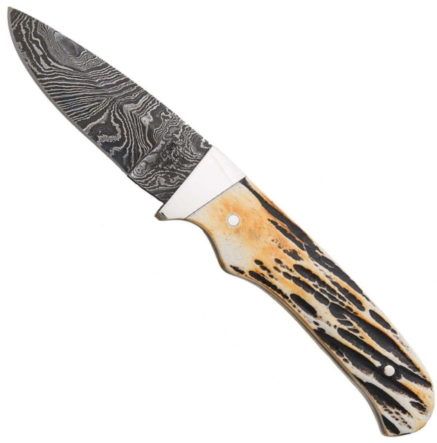 Bear and Son Knives Skinner Fixed Blade Knife w/ Leather Sheath 2.38in High Definition Damascus Steel Genuine India Stag Bone Handle - Bear And Son Knives