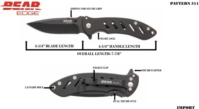 Bear Edge Brisk 1.0 Folding Knife 3.25in 440 Stainless Steel Stainless Steel w/Soft Touch Coating Handle Black - Bear Edge