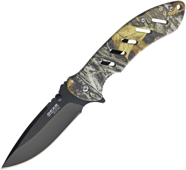Bear Edge Brisk 1.0 Framelock Folding Knife 3.75in Black 440 SS Drop Point Camo Rubberized SS Handle Thumb Stud Pocket Clip Camo - Bear Edge