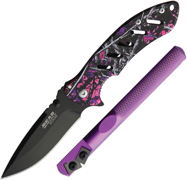 Bear Edge Framelock/Edgemate Combo Folding Knife 3" black finish 440 stainless blade Muddy Girl camo stainless handle - Bear Edge