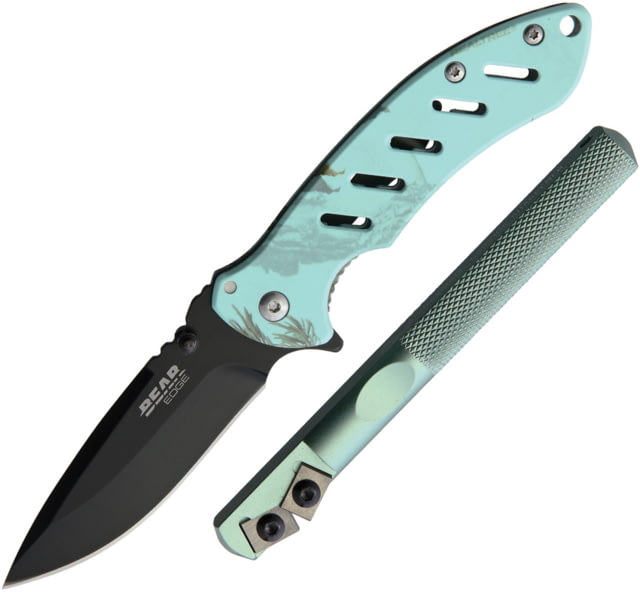 Bear Edge Framelock/Edgemate Combo Folding Knife 3" black finish 440 stainless blade Teal aluminum body - Bear Edge