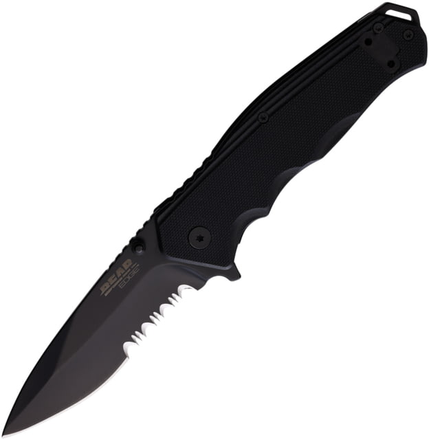 Bear & Son Cutlery Sideliner Black G10 Folding Knife 4.5in Closed 3.5in Black Finish Partially Serrated Stainless Steel Blade Black G10 Handle