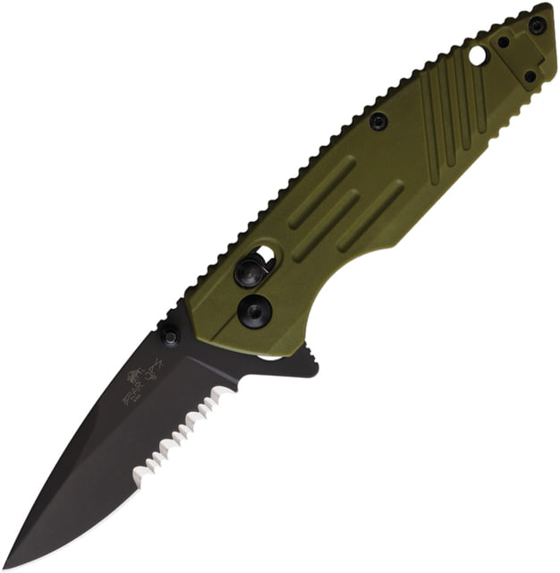 Bear & Son Cutlery OD Zytel Serrated Folding Knife 4.25in Closed 3.25in Black Oxide Partially Serrated D2 Tool Steel Blade OD Green Zytel Handle