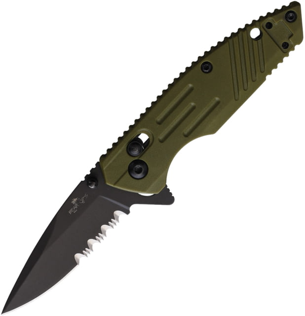 Bear & Son Cutlery OD Zytel Serrated Folding Knife 3.5in Closed 2.5in Black Finish Partially Serrated Stainless Steel Blade OD Green Zytel Handle