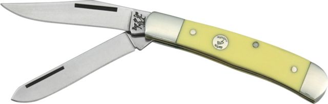 Bear & Son Sm Trapper Fold Knife High-polished 1095 Carbon Steel clip and spey blad Smooth yellow Delrin handl B
